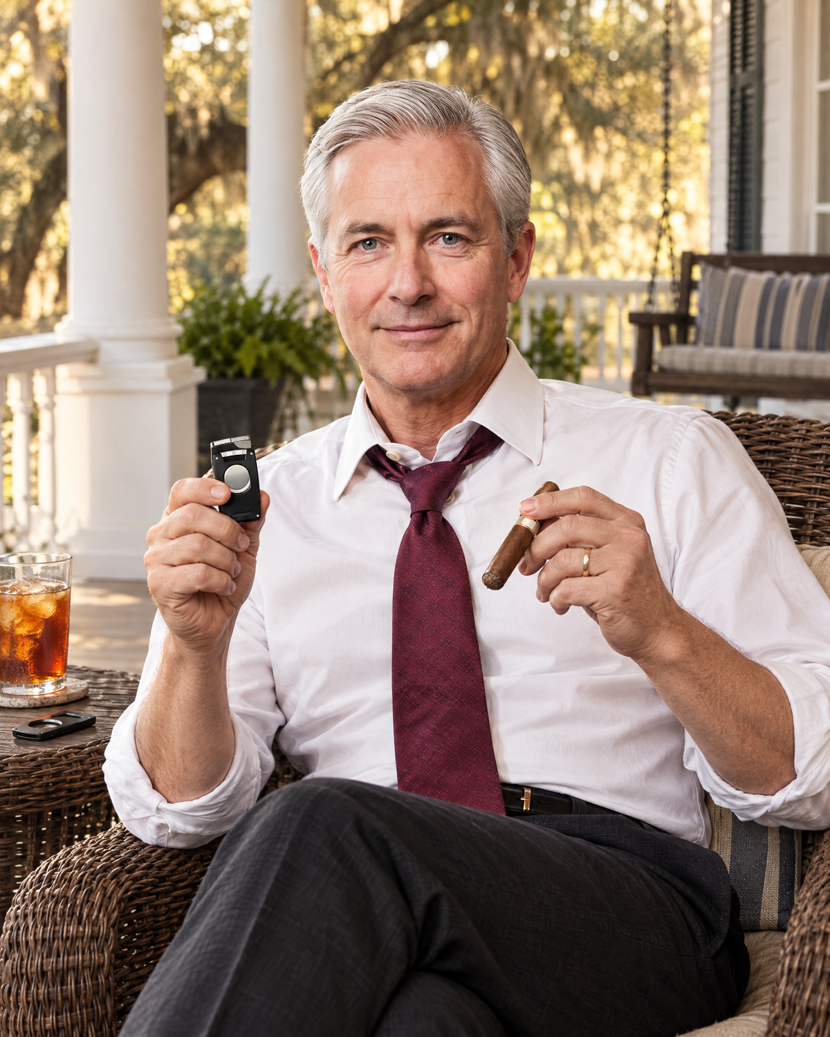 Xikar Ultra Mag torch lighter held closed by a lawyer on his front porch after work, unlit cigar in his other hand, the slim cutter on the side table