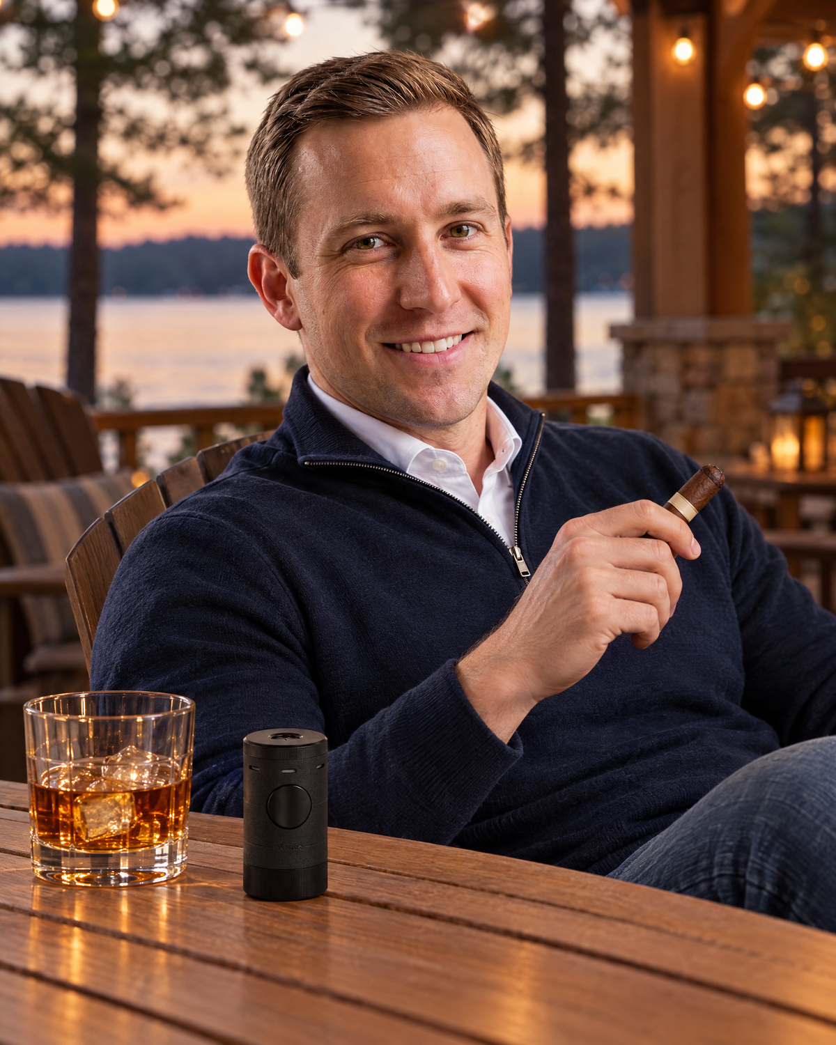 Xikar Volta quad-jet tabletop lighter standing beside a bourbon on a lake-house porch table at dusk, a lawyer relaxing with an unlit cigar