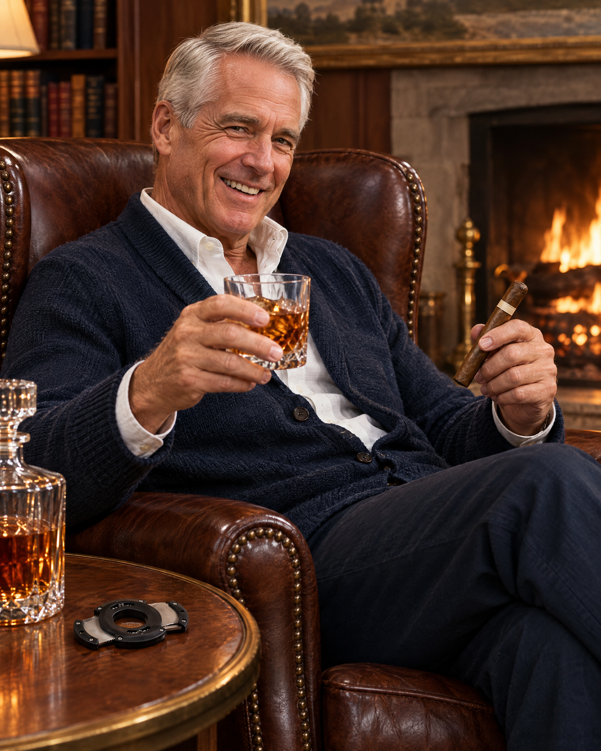 Xikar XO double-guillotine cigar cutter in black resting on a side table by the fire, a seasoned lawyer in a wing chair with a bourbon and an unlit cigar