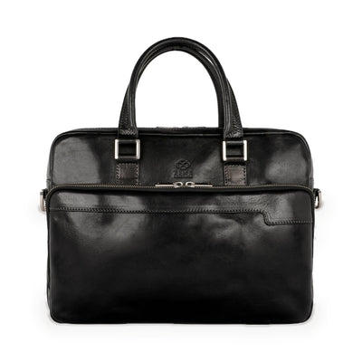 Orlando black leather laptop briefcase in Italian Vachetta (Time Resistance), front view with twin rolled handles