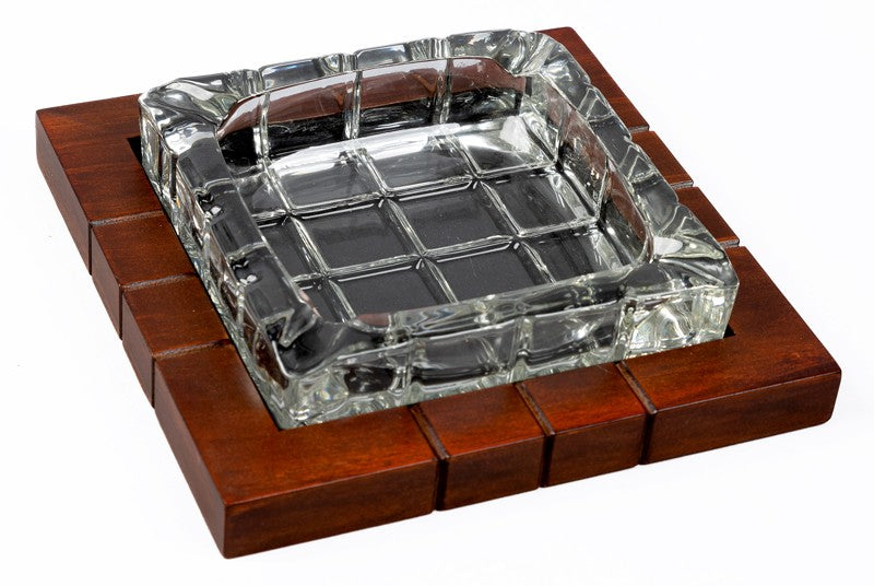 Wood and crystal cross-hatched cigar ashtray from above, cut-crystal insert in the wood frame