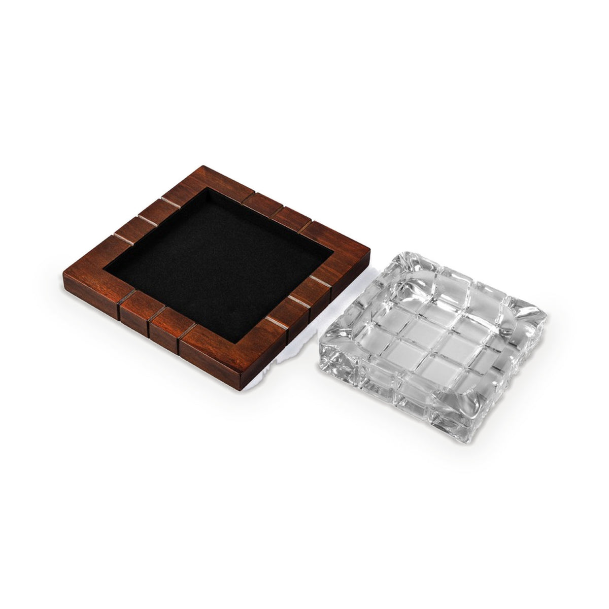 Wood and crystal ashtray with the crystal insert lifted out of the wood frame