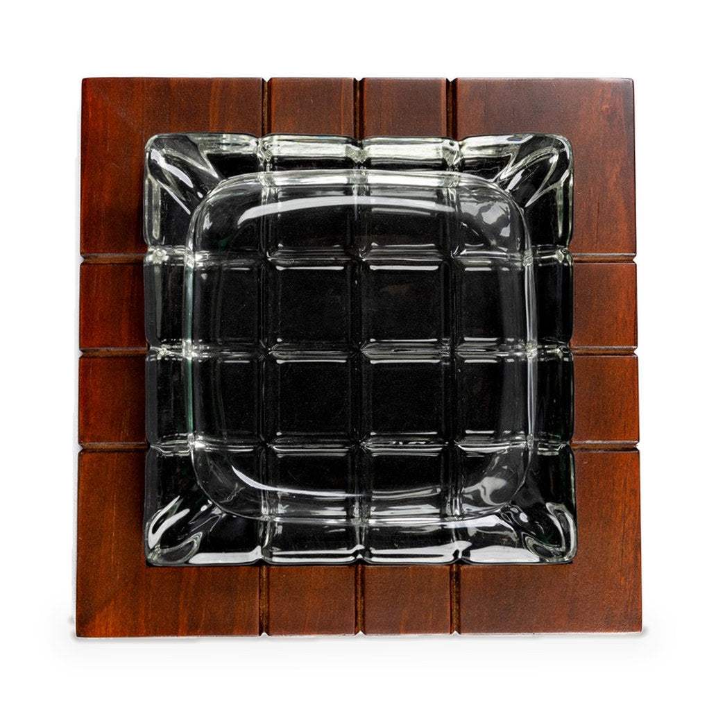 Wood and crystal cross-hatched ashtray from above, empty