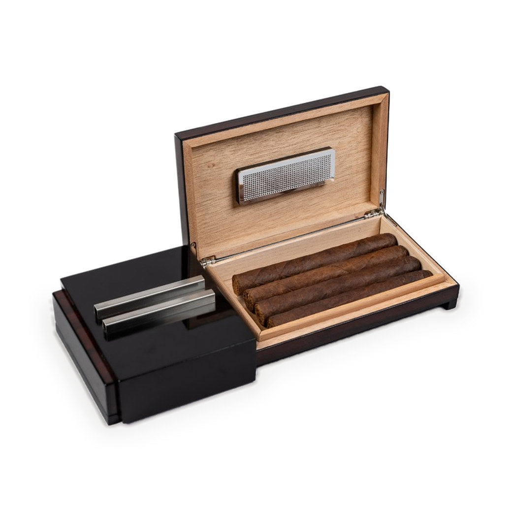 Sliding ashtray with hidden humidor open, cigars stored in the cedar compartment