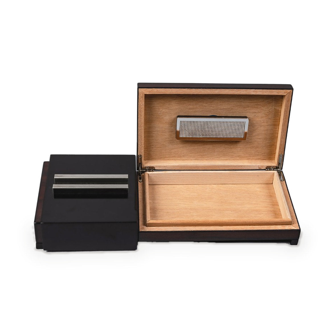Sliding ashtray slid open to reveal the Spanish-cedar-lined humidor compartment