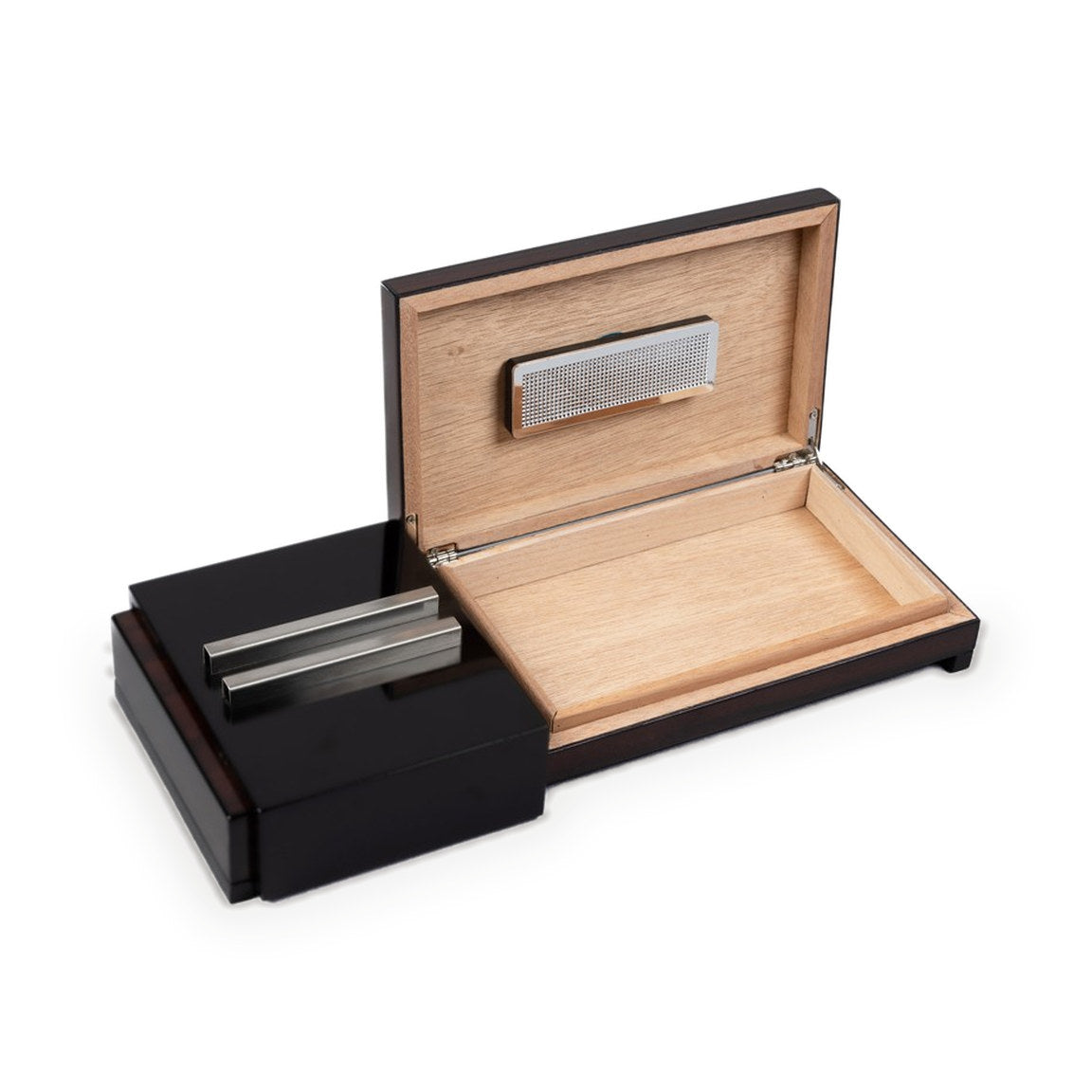 Sliding ashtray with hidden humidor open, cedar tray and humidifier visible