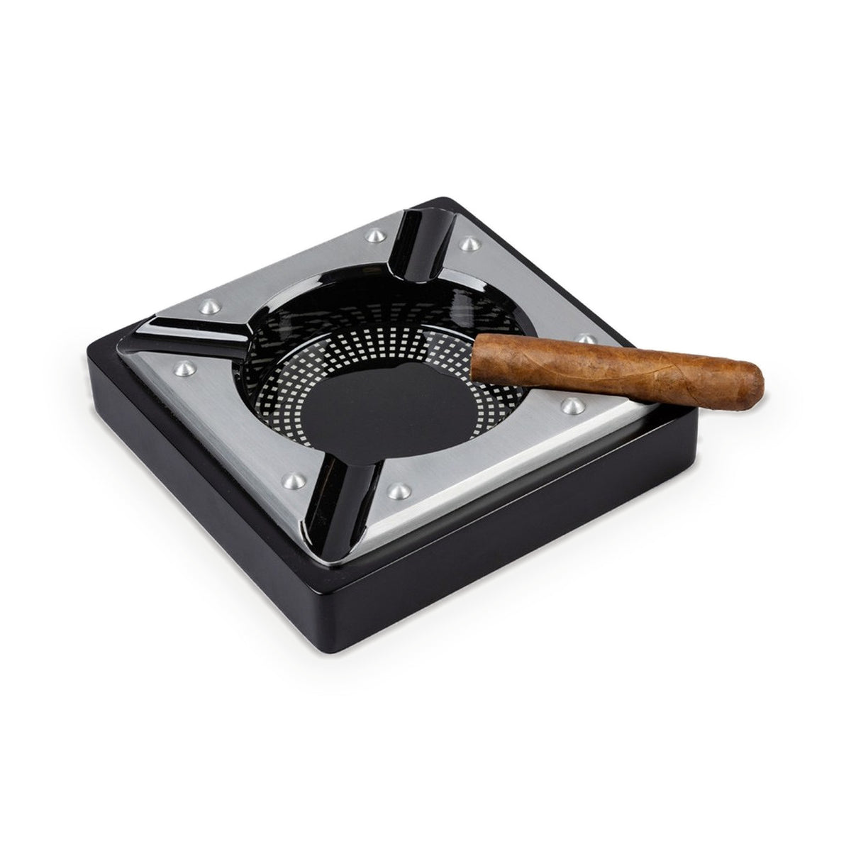 Saint Lucia metal cigar ashtray with a cigar resting on one of the rests