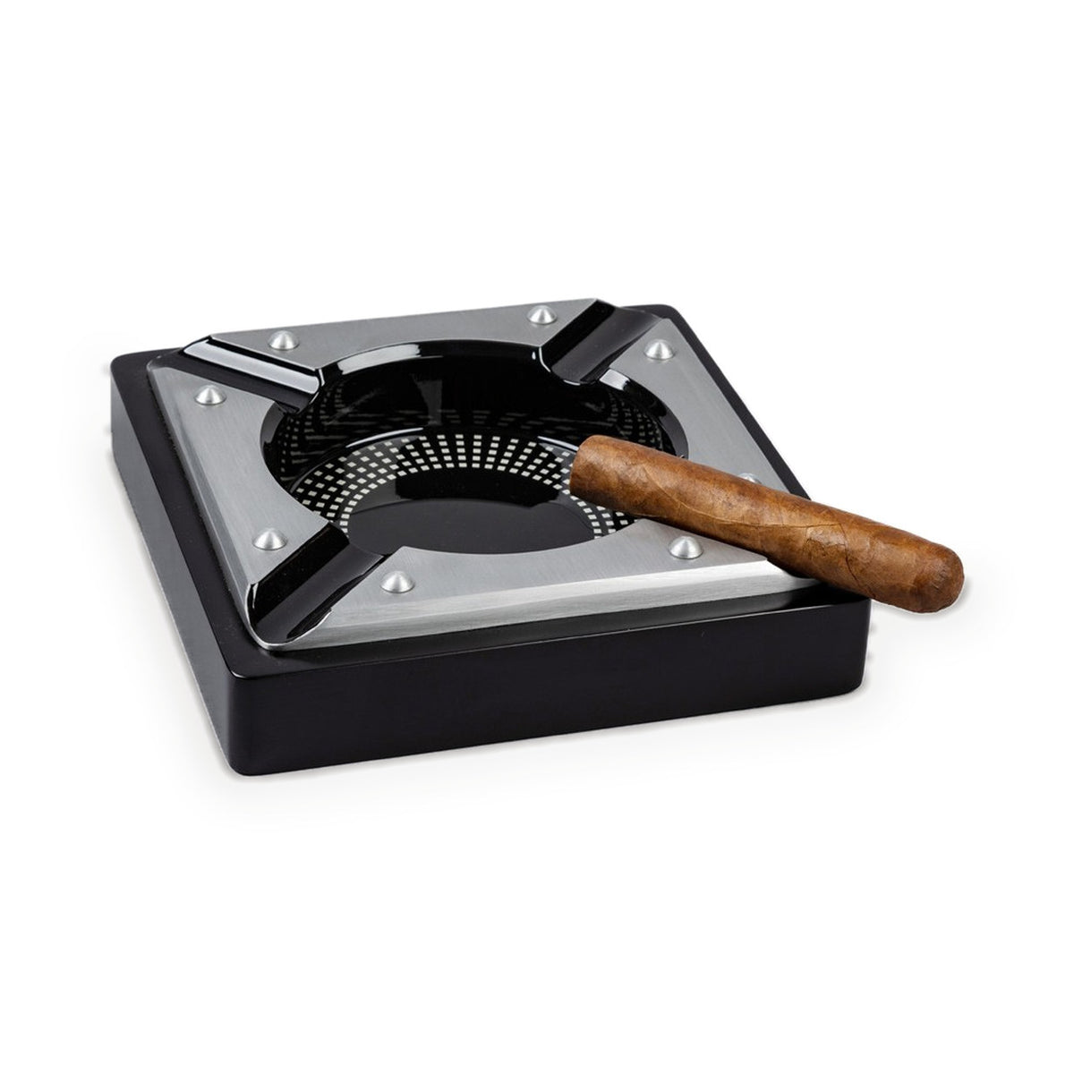 Saint Lucia metal cigar ashtray, side view with a cigar in place