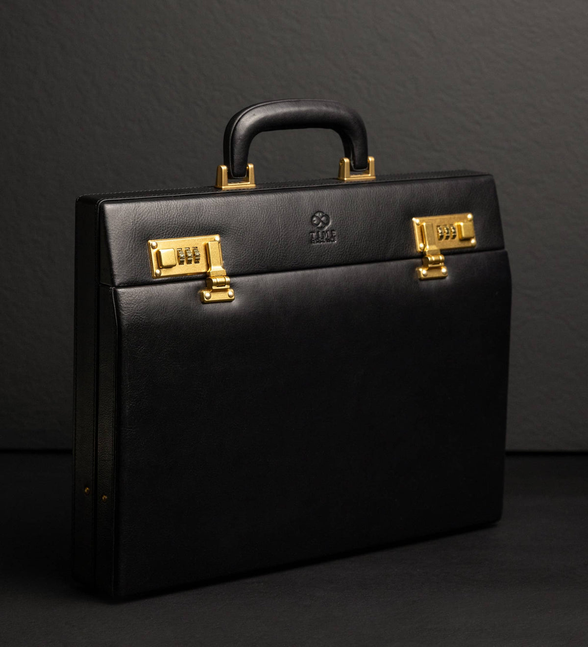 Vendetta black leather attaché case by Time Resistance in full-grain vegetable-tanned Italian Vachetta, view 2 of 11