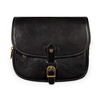 Women in Love black leather saddle bag in Italian Vachetta (Time Resistance), front view