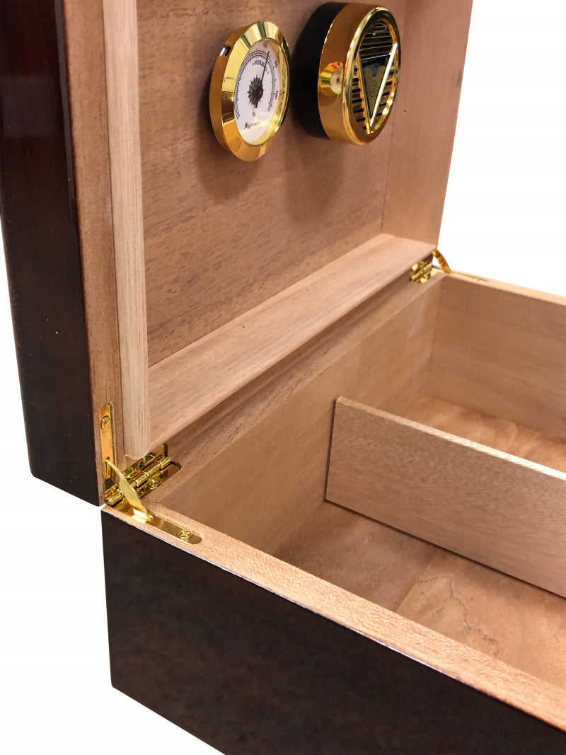 Bellevue humidor lid open, brass hinge and hygrometer detail