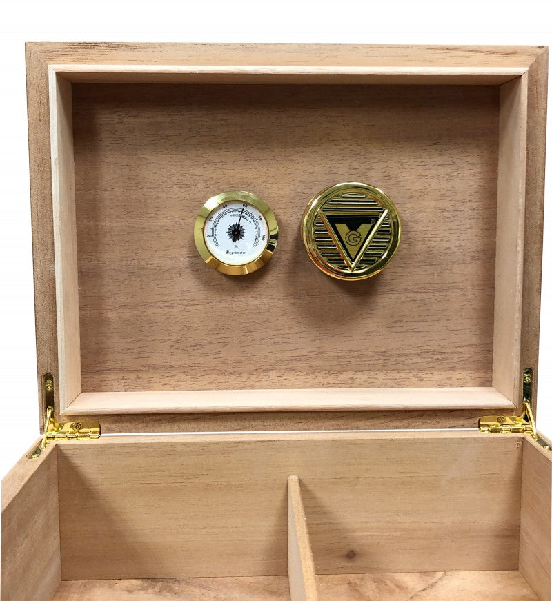 Bellevue humidor open from above — cedar lining, divider, humidifier and hygrometer