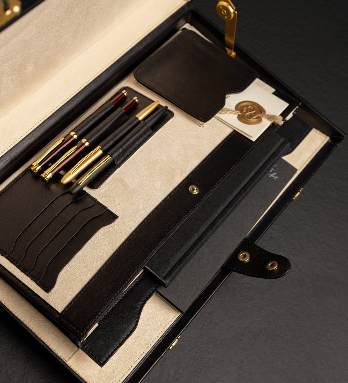Vendetta black leather attaché case by Time Resistance in full-grain vegetable-tanned Italian Vachetta, view 7 of 11