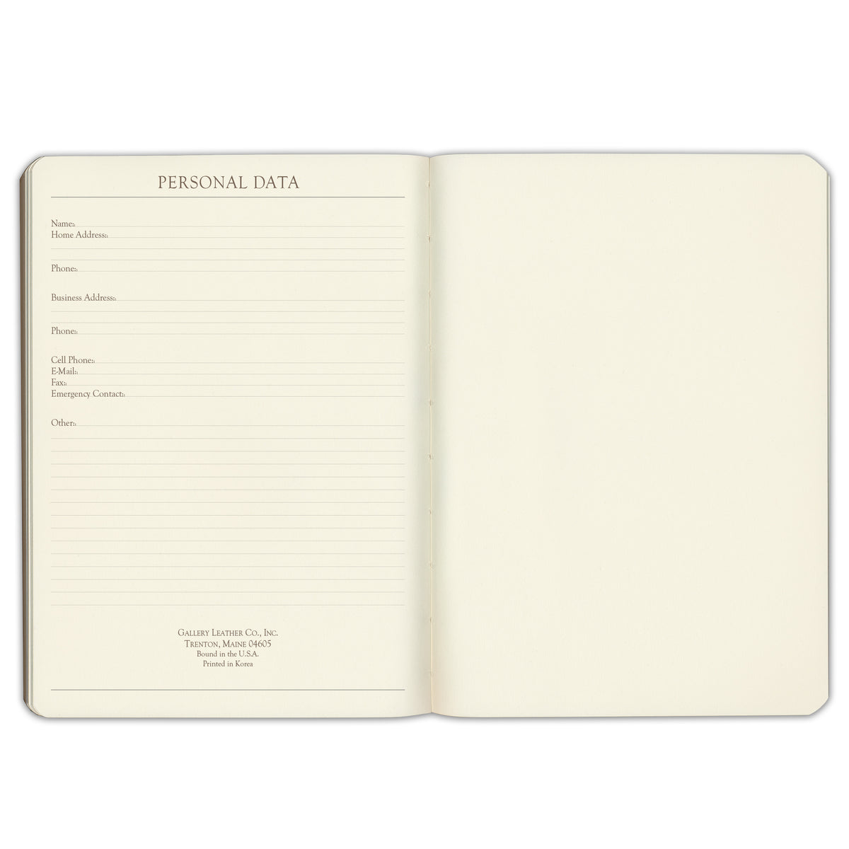 Gallery Leather journal opened to the personal information page