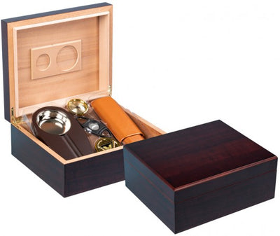 Diplomat humidor gift set — humidor open with the leather cigar case and cutter