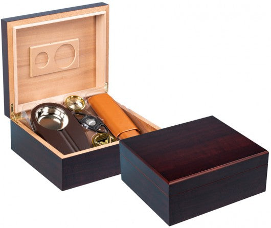 Diplomat humidor gift set — humidor open with the leather cigar case and cutter