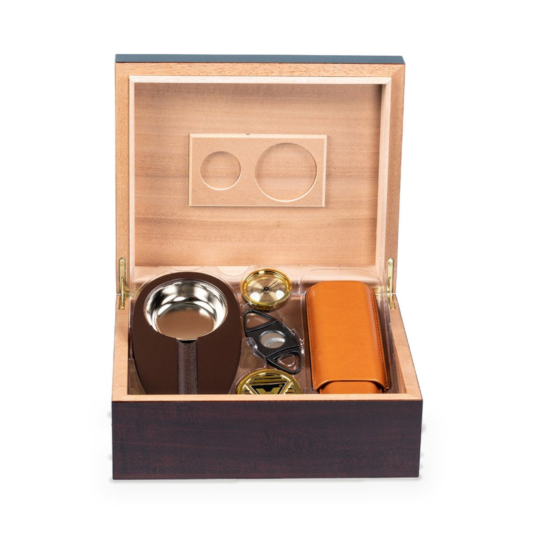 Diplomat humidor open, cedar interior with the tan leather cigar case and ashtray inside