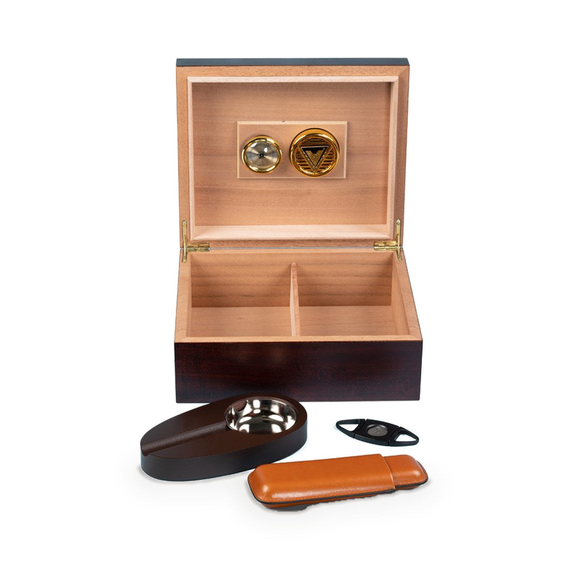 Diplomat gift set — tan leather cigar case, cutter and ashtray beside the closed humidor