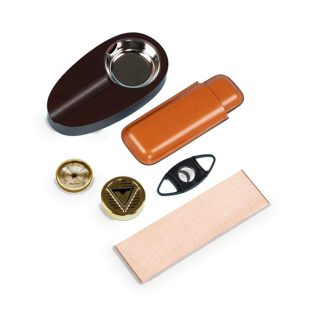 Diplomat gift set accessories — ashtray, cigar case, cutter and cedar divider
