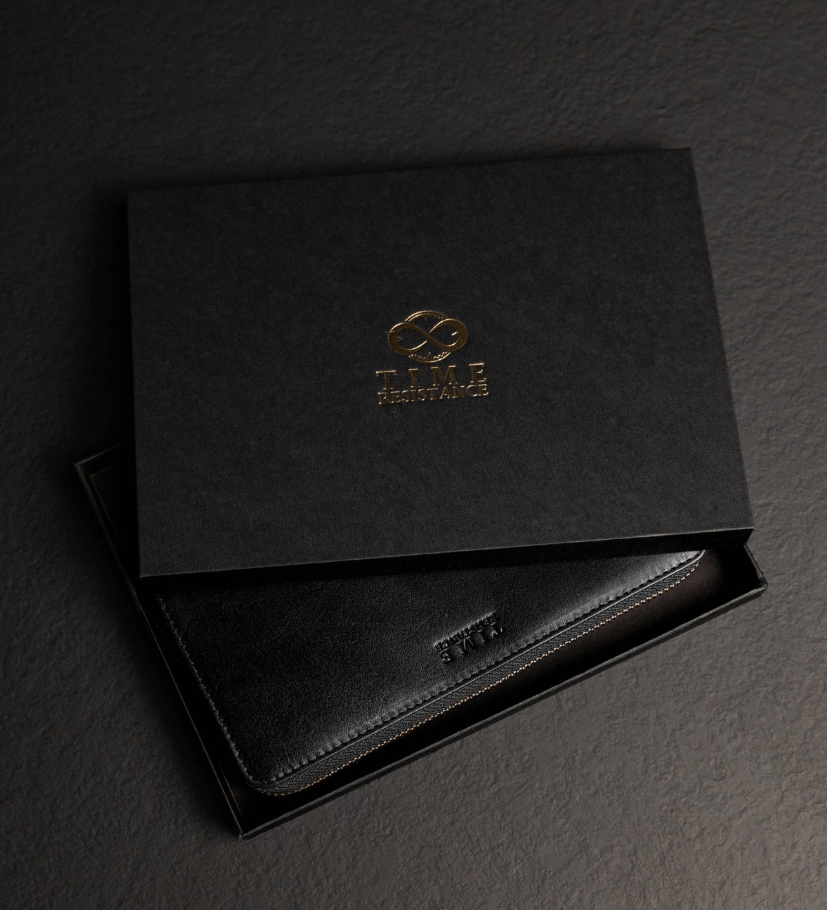 Excellent Women black leather continental zip-around wallet by Time Resistance, shown in the maker's black gift box