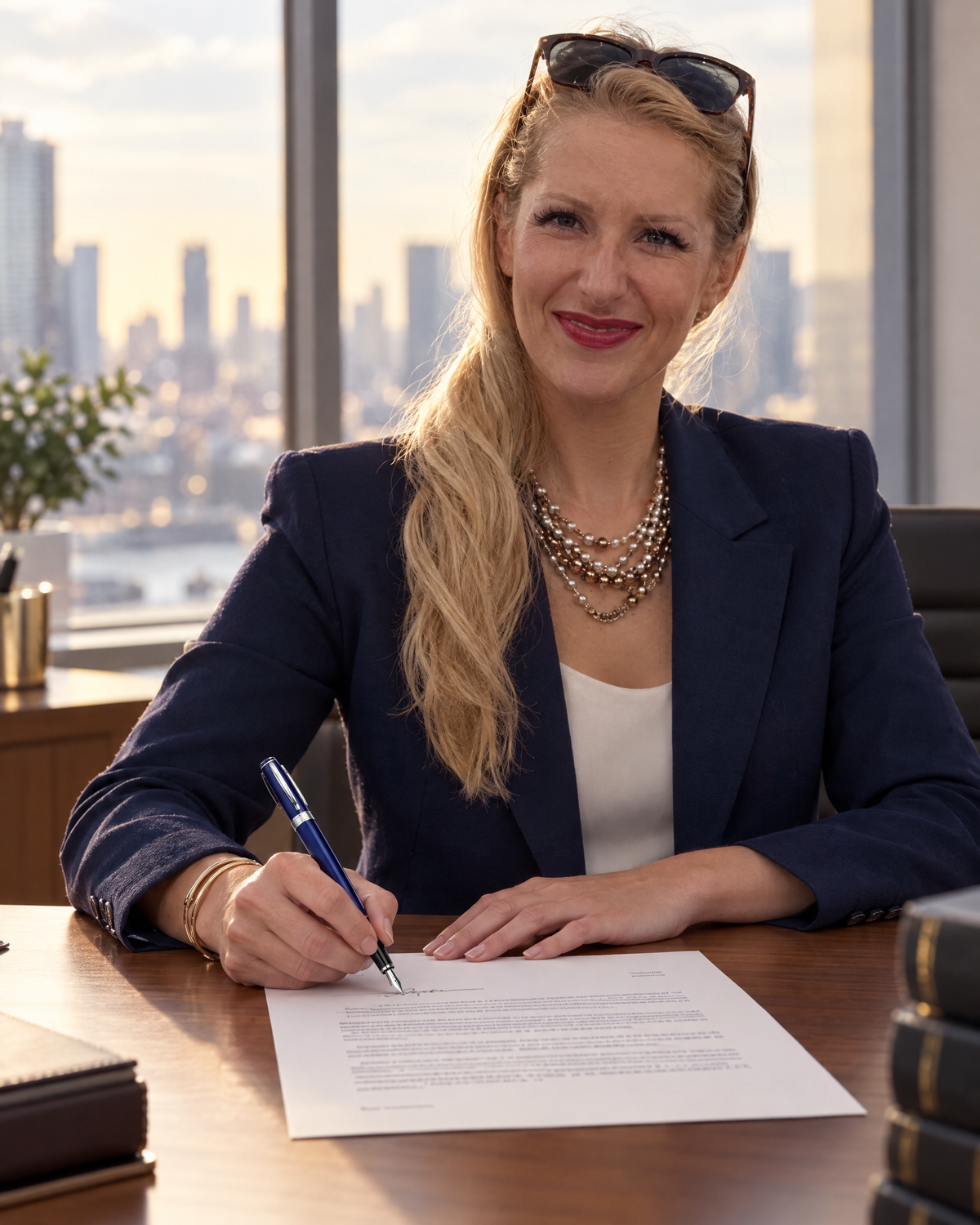 Sheaffer 300 Pen — Glossy Blue with Chrome Trim: a young woman attorney signs a letter at her desk with the glossy blue fountain pen
