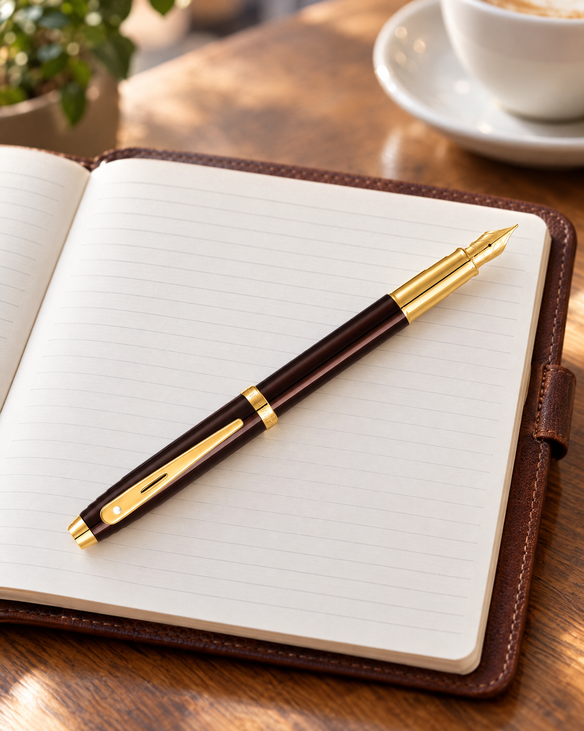 Sheaffer 100 Pen — Coffee Brown with Gold Trim: close view of the coffee brown fountain pen with gold trim on an open leather notebook