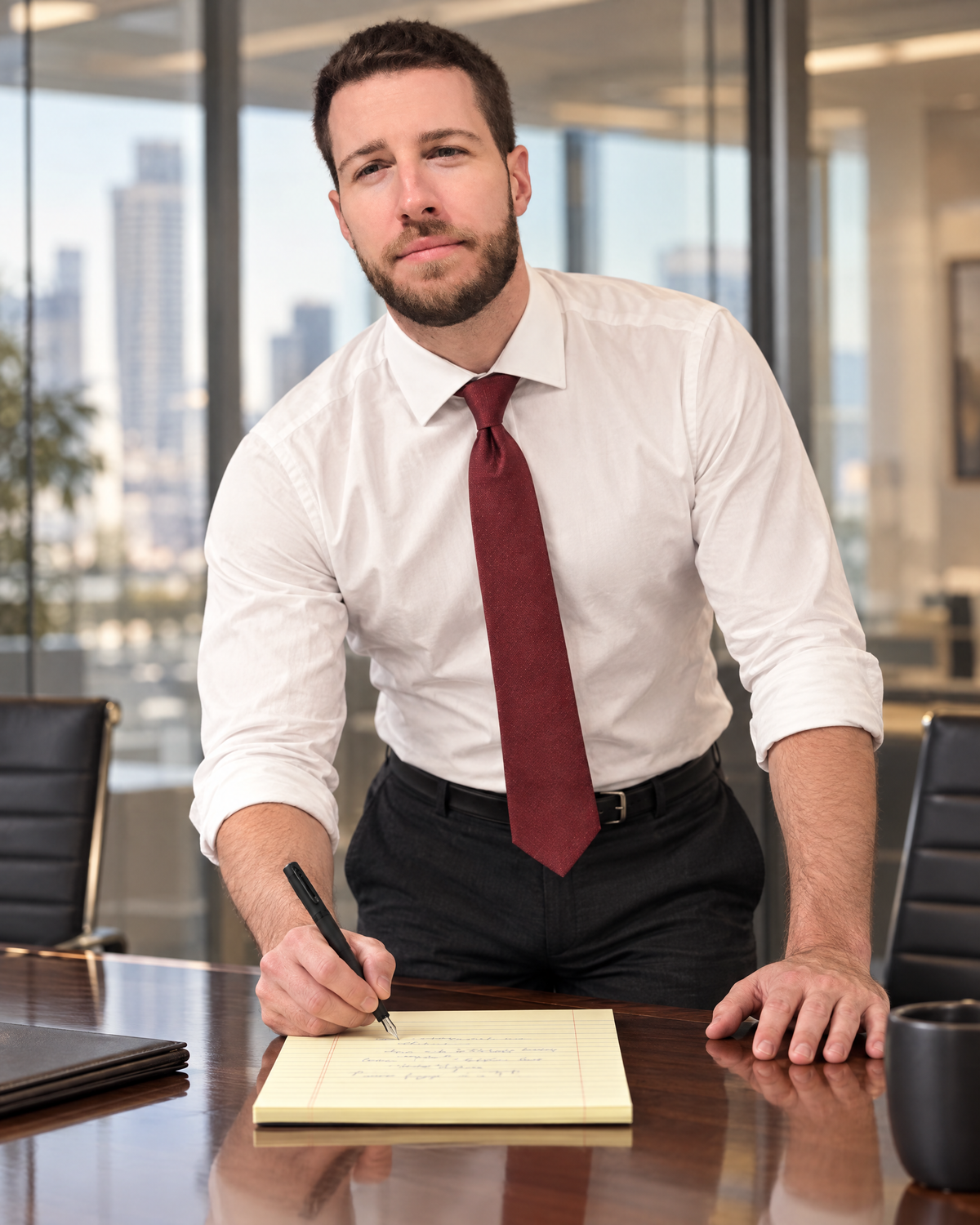 Sheaffer 300 Pen — Matte Black with Black Trim: a young attorney makes a note on a legal pad with the matte black fountain pen at a conference table