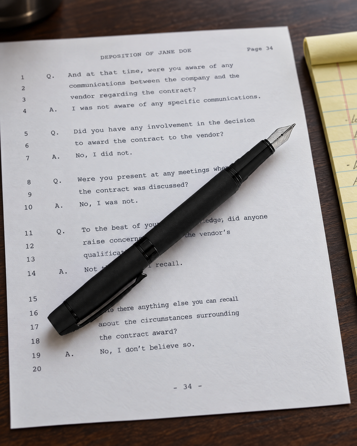Sheaffer 300 Pen — Matte Black with Black Trim: close view of the matte black fountain pen with polished black trim on a printed deposition transcript