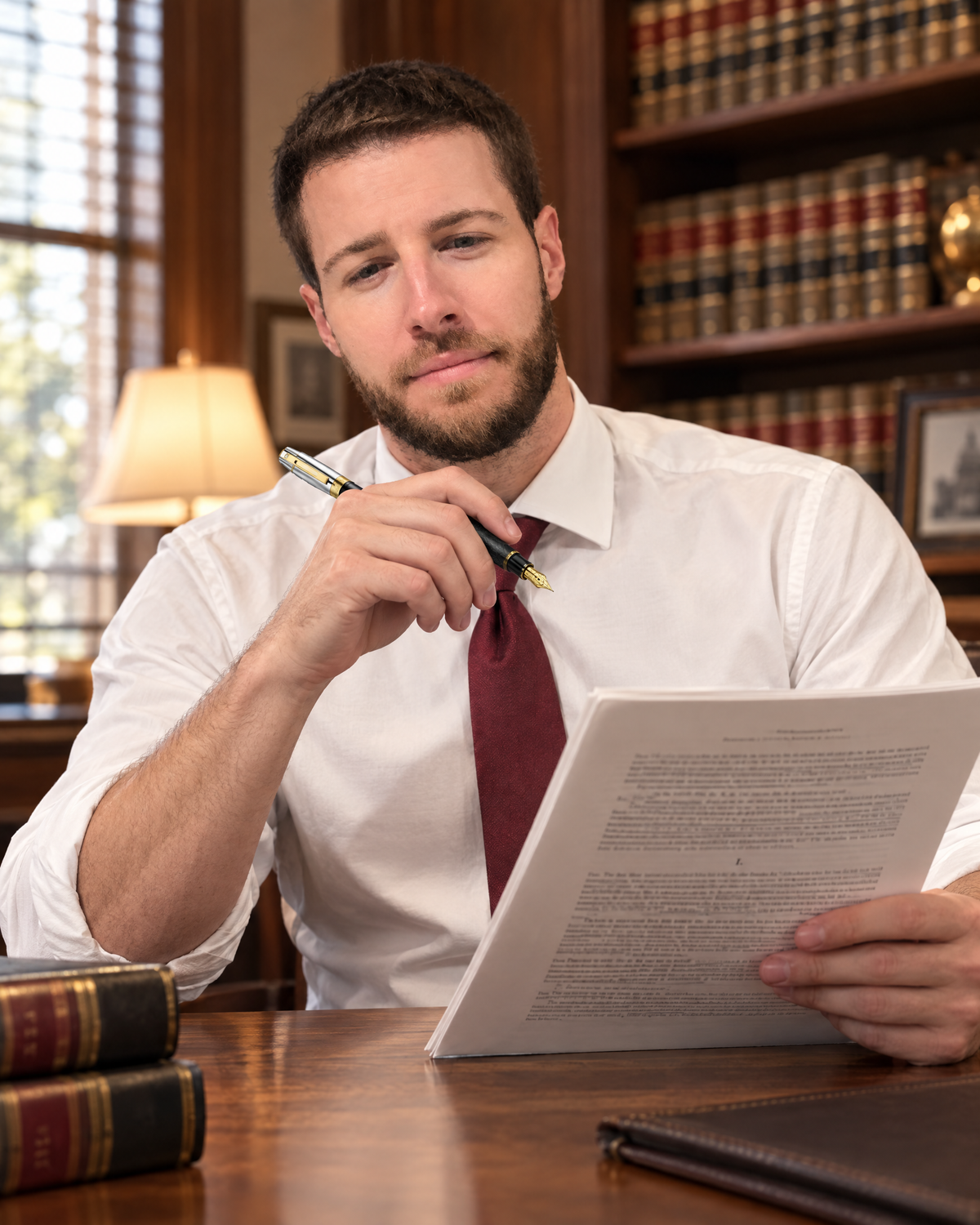 Sheaffer 300 Pen — Engraved Matte Black with Chrome Cap: a young attorney reviews a brief holding the engraved pen in a wood-panelled office