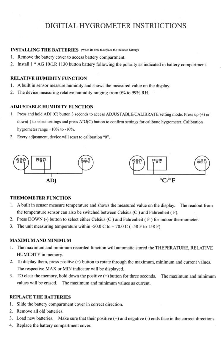 Digital hygrometer printed calibration instructions