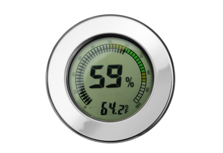 Digital hygrometer front, LCD reading humidity and temperature, polished silver bezel