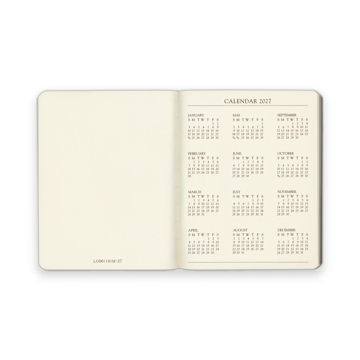 Large Monthly Leather Planner 2027 — year-at-a-glance calendar page