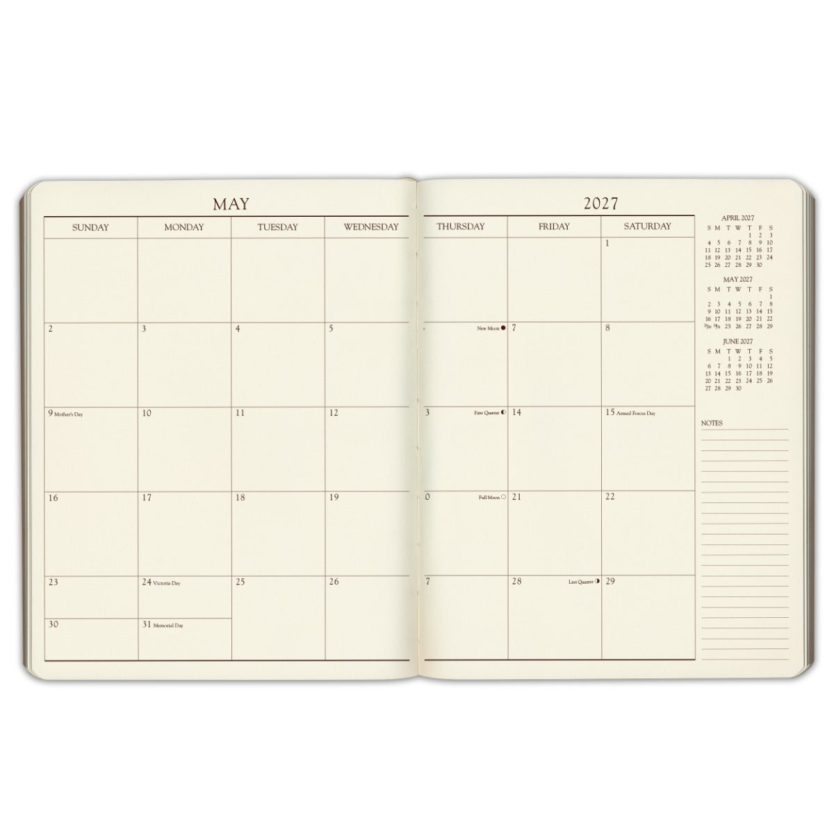 Large Monthly Leather Planner 2027 — monthly spread, two pages per month with a notes column