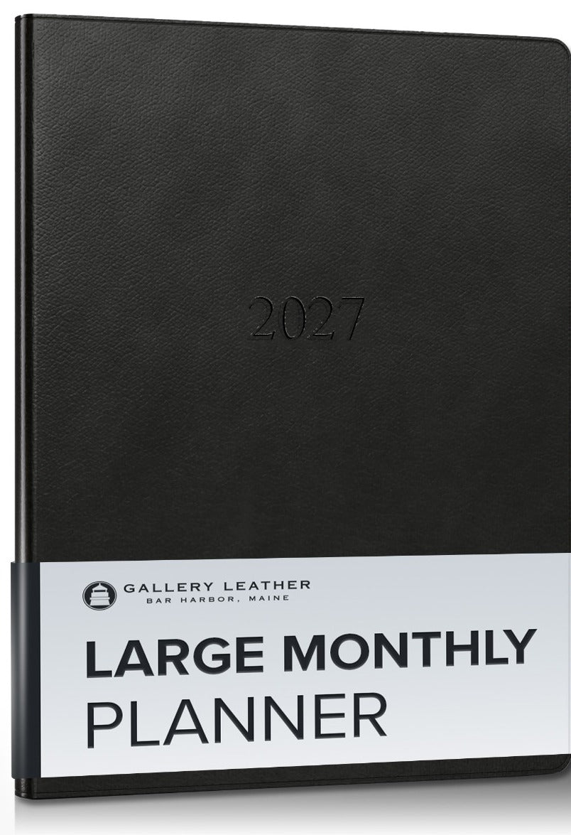 Large Monthly Leather Planner 2027 in Monhegan Black full-grain leather — front cover, 9.75 by 7.5 inches