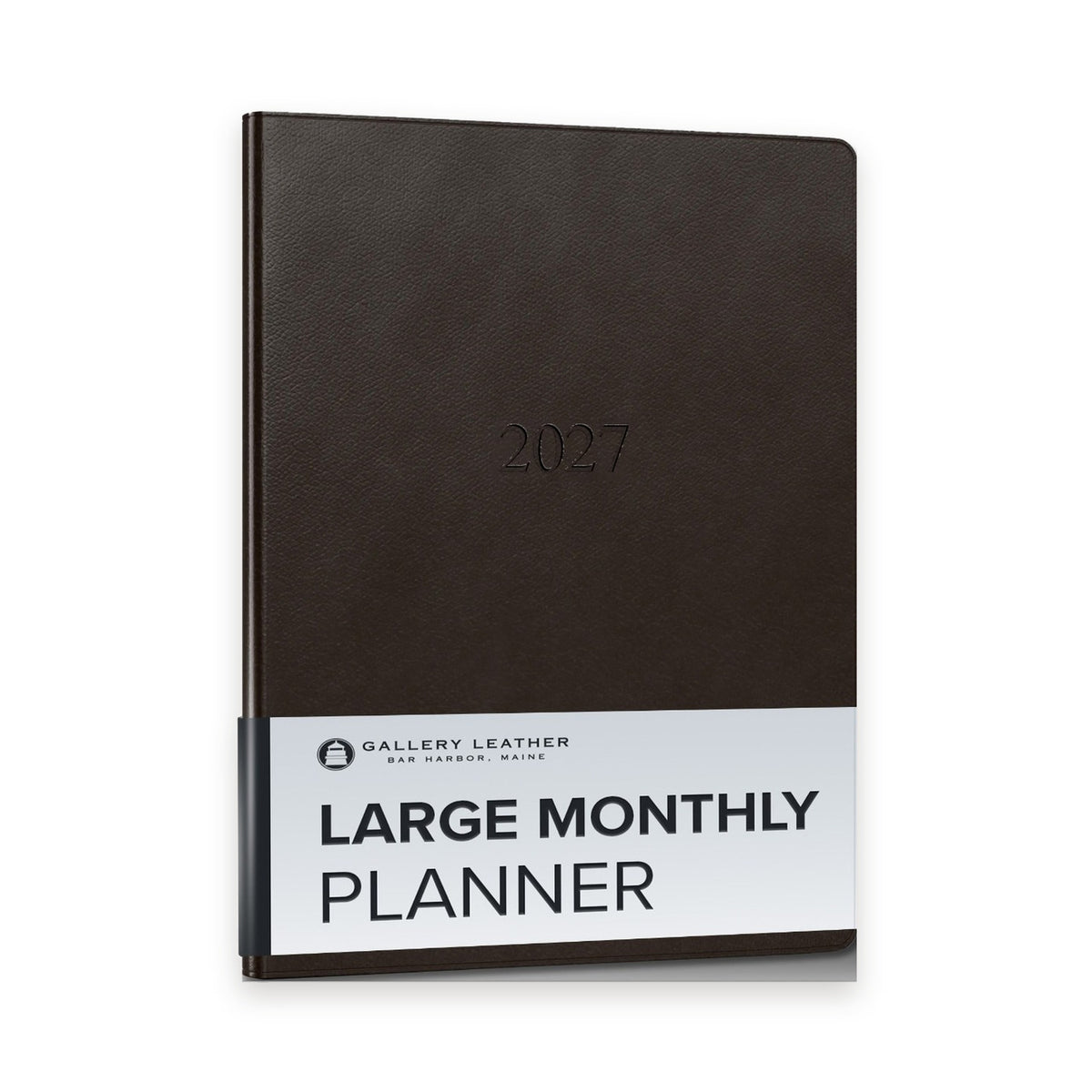 Large Monthly Leather Planner 2027 in Monhegan Cocoa full-grain leather — front cover, 9.75 by 7.5 inches