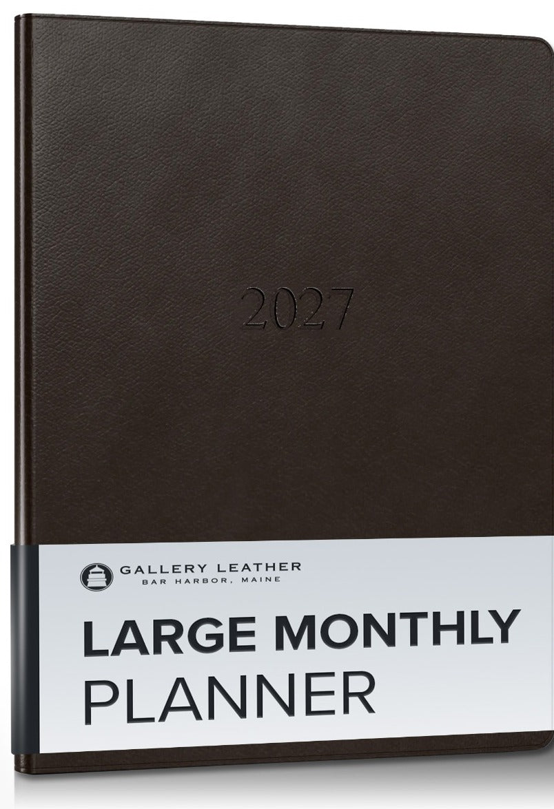 Large Monthly Leather Planner 2027 in Monhegan Cocoa full-grain leather — front cover, 9.75 by 7.5 inches