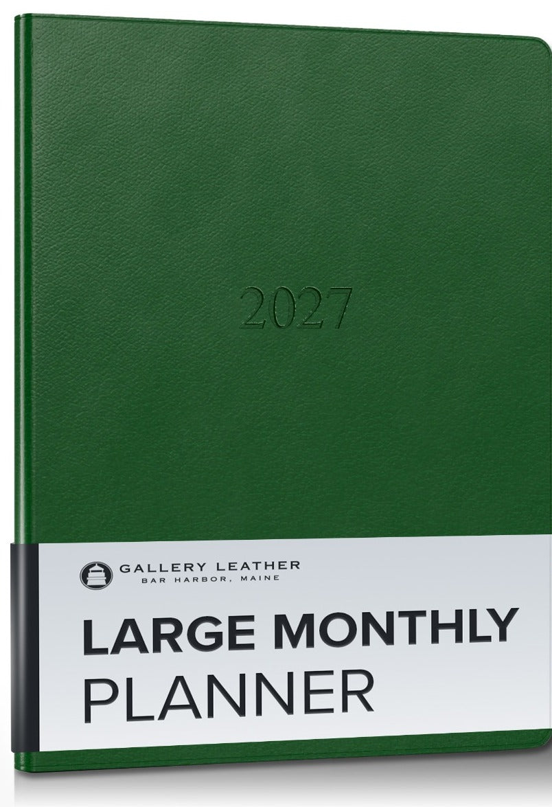 Large Monthly Leather Planner 2027 in Monhegan Emerald full-grain leather — front cover, 9.75 by 7.5 inches