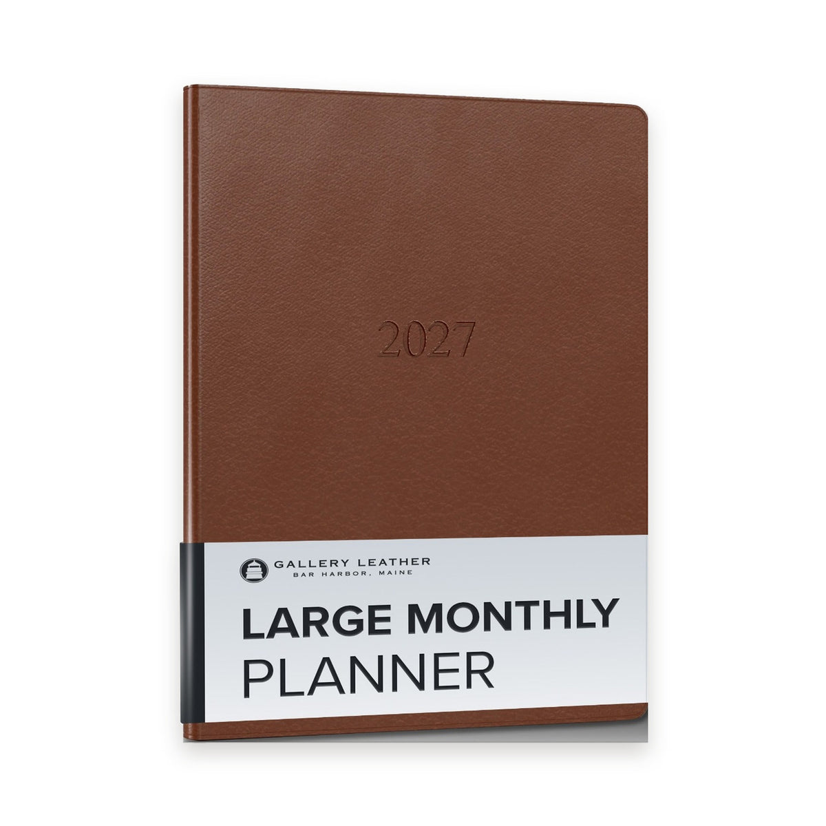 Large Monthly Leather Planner 2027 in Monhegan Saddle full-grain leather — front cover, 9.75 by 7.5 inches