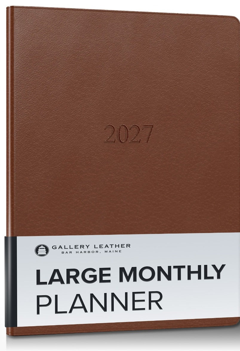 Large Monthly Leather Planner 2027 in Monhegan Saddle full-grain leather — front cover, 9.75 by 7.5 inches
