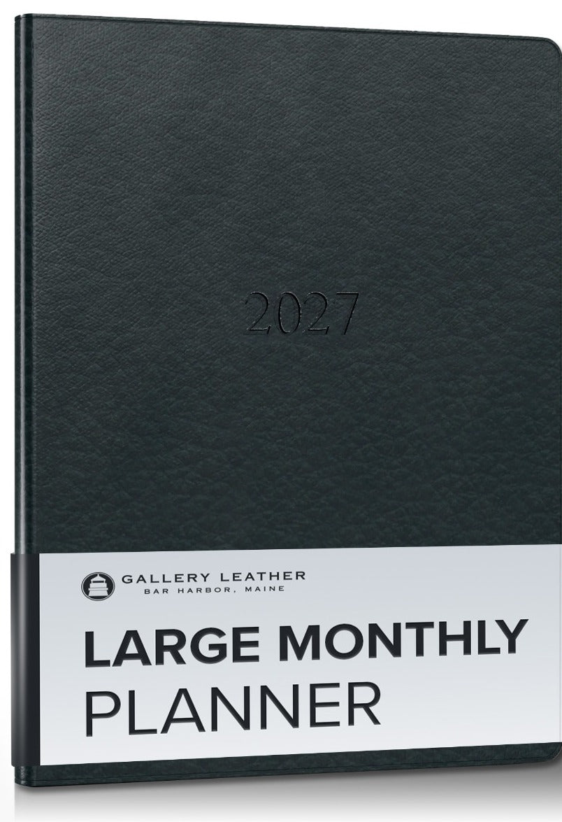 Large Monthly Leather Planner 2027 in Tremont Atlantic full-grain leather — front cover, 9.75 by 7.5 inches
