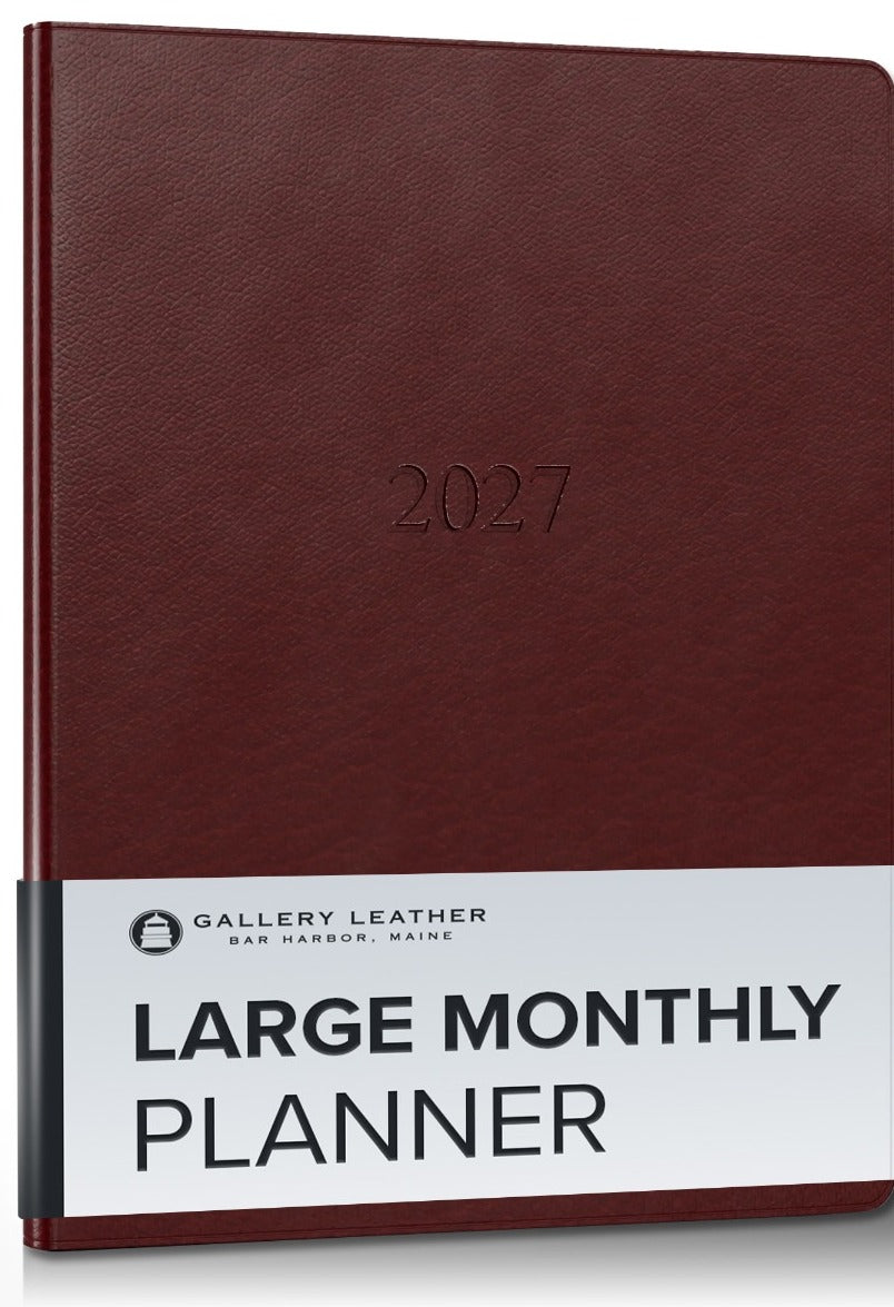 Large Monthly Leather Planner 2027 in Tremont Garnet full-grain leather — front cover, 9.75 by 7.5 inches