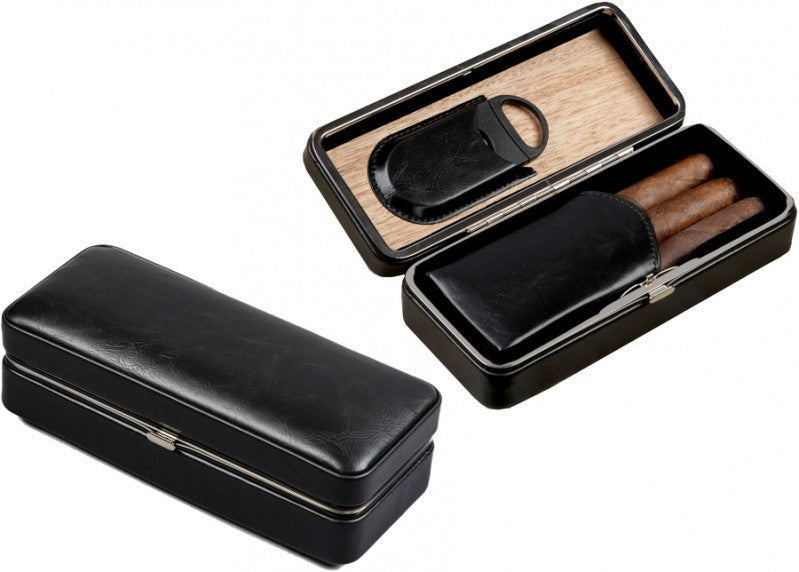 Three-cigar folding snap-lock case in black leather, open, two cigars inside and the cutter beside it