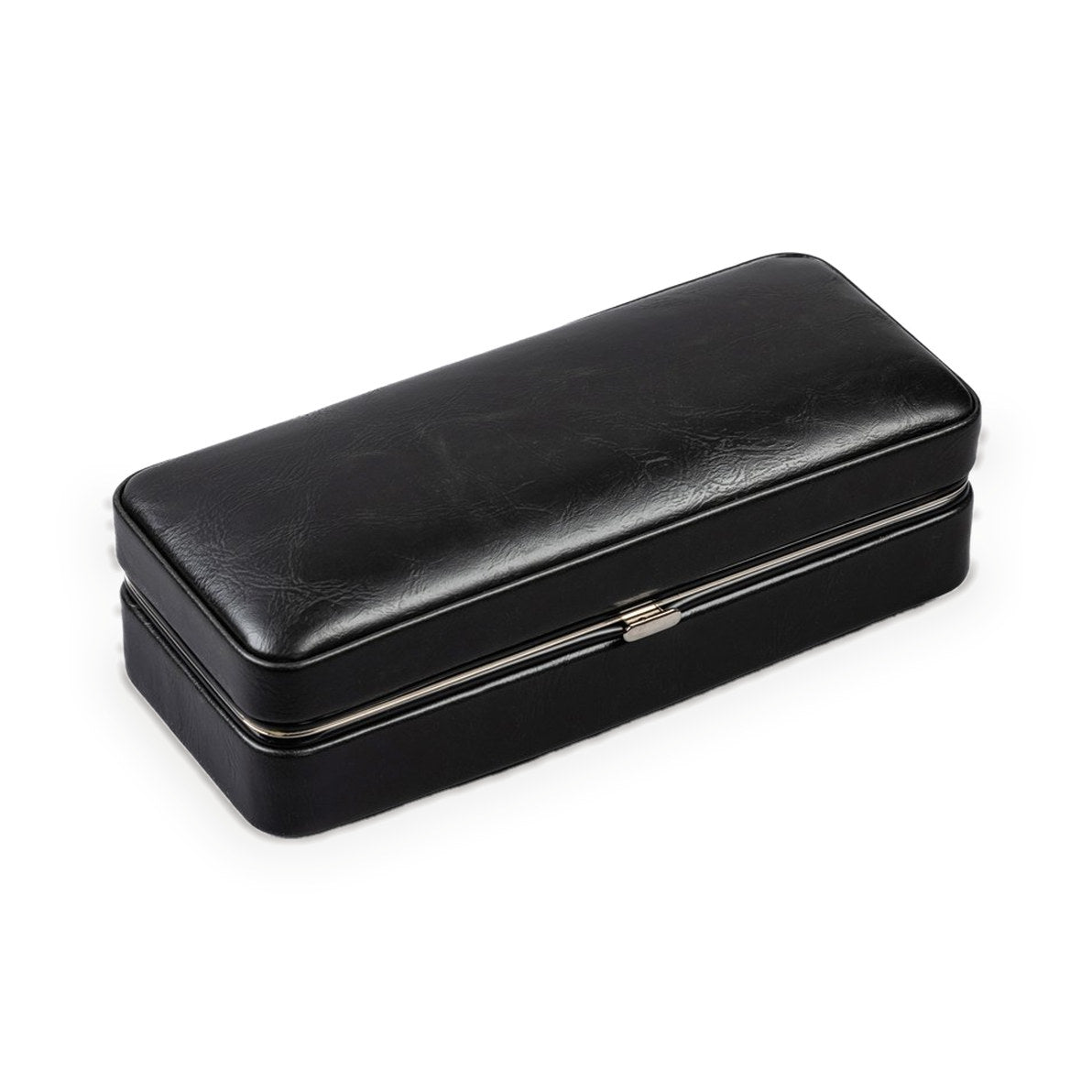 Three-cigar folding snap-lock case in black leather, closed, showing the snap-lock clasp