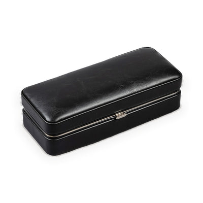 Three-cigar folding snap-lock case in black leather, closed, showing the snap-lock clasp