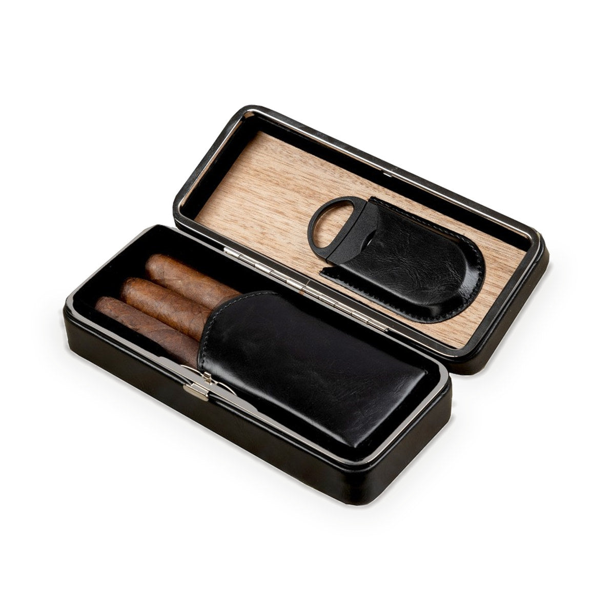 Three-cigar snap-lock case open with one cigar and the cutter, seen from above