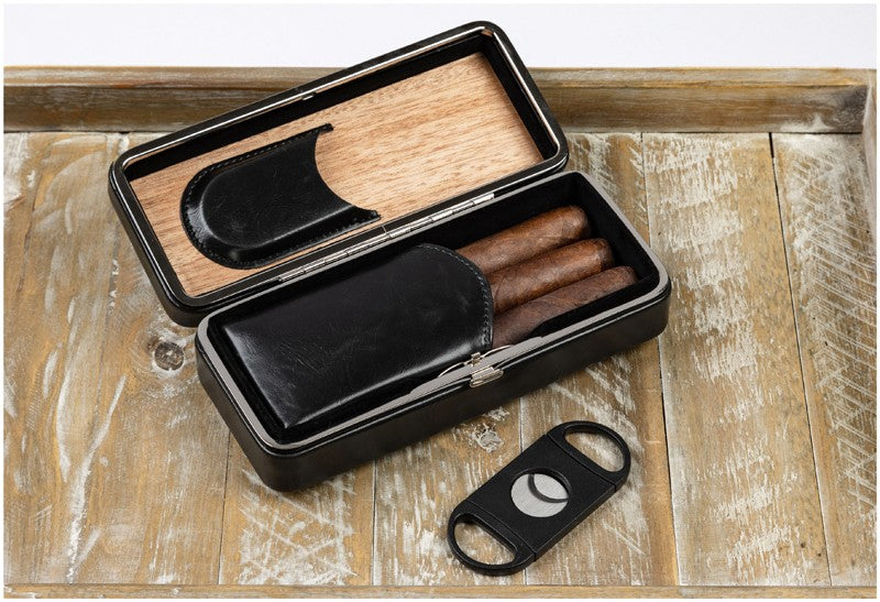 Three-cigar snap-lock case open, cutter removed and shown in front of the case
