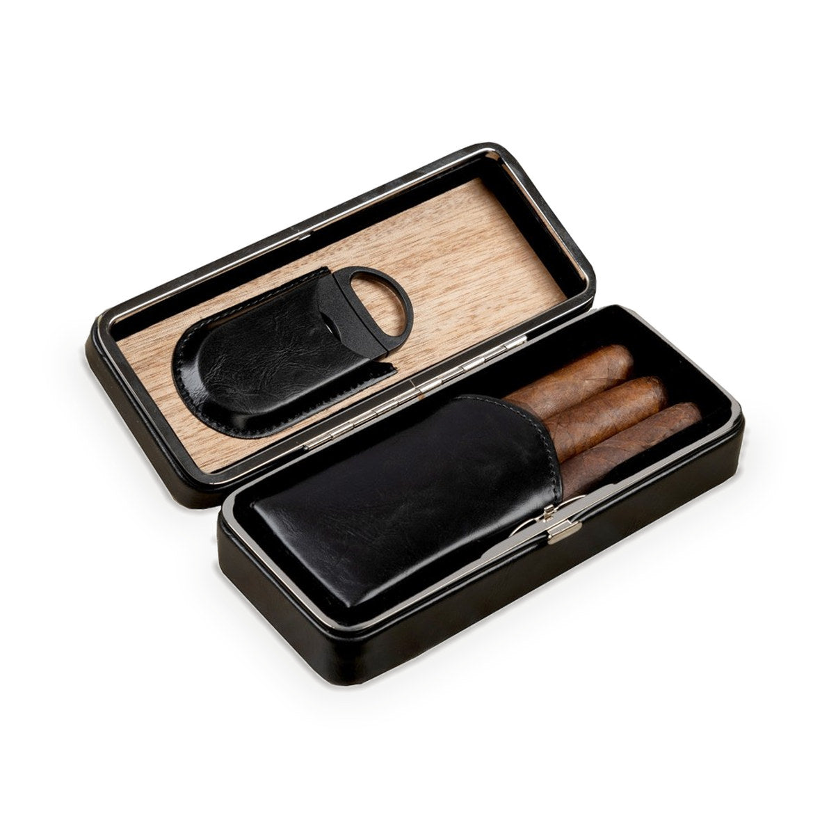 Three-cigar folding snap-lock case, black leather, open with a cigar and the cutter