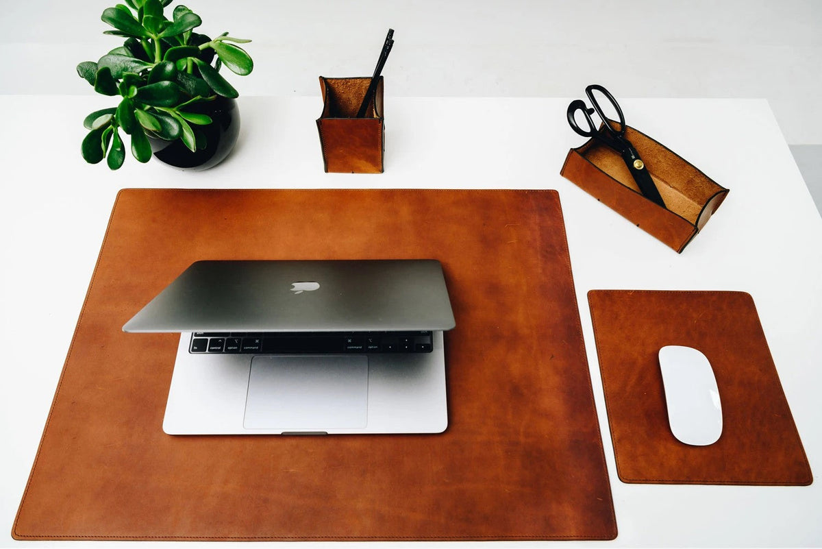 Carter Leather Desk Pad in espresso in the office — lifestyle