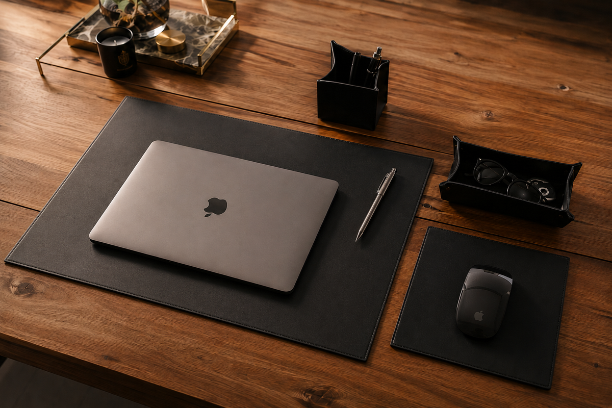 Carter Leather Desk Pad in black on a desk — lifestyle
