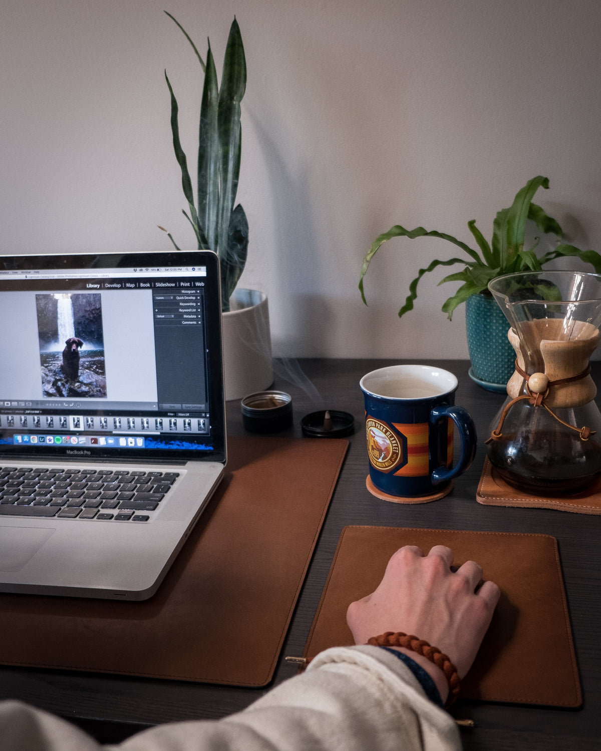 Carter Leather Desk Pad in espresso on a desk — lifestyle